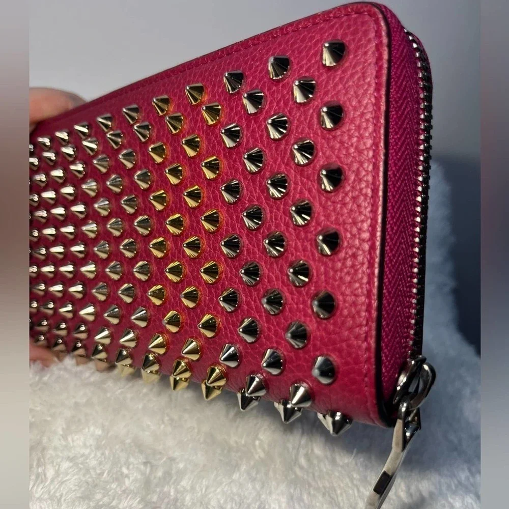 Christian Louboutin Zip Around Panetone Studded wallet in Wine Color, Leather